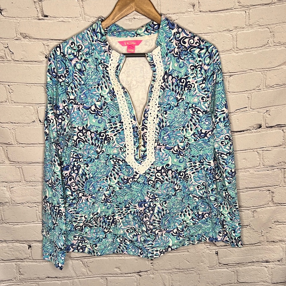 Lilly Pulitzer Janie Popover Light Aqua Spritz Seahorse sweatshirt half zip